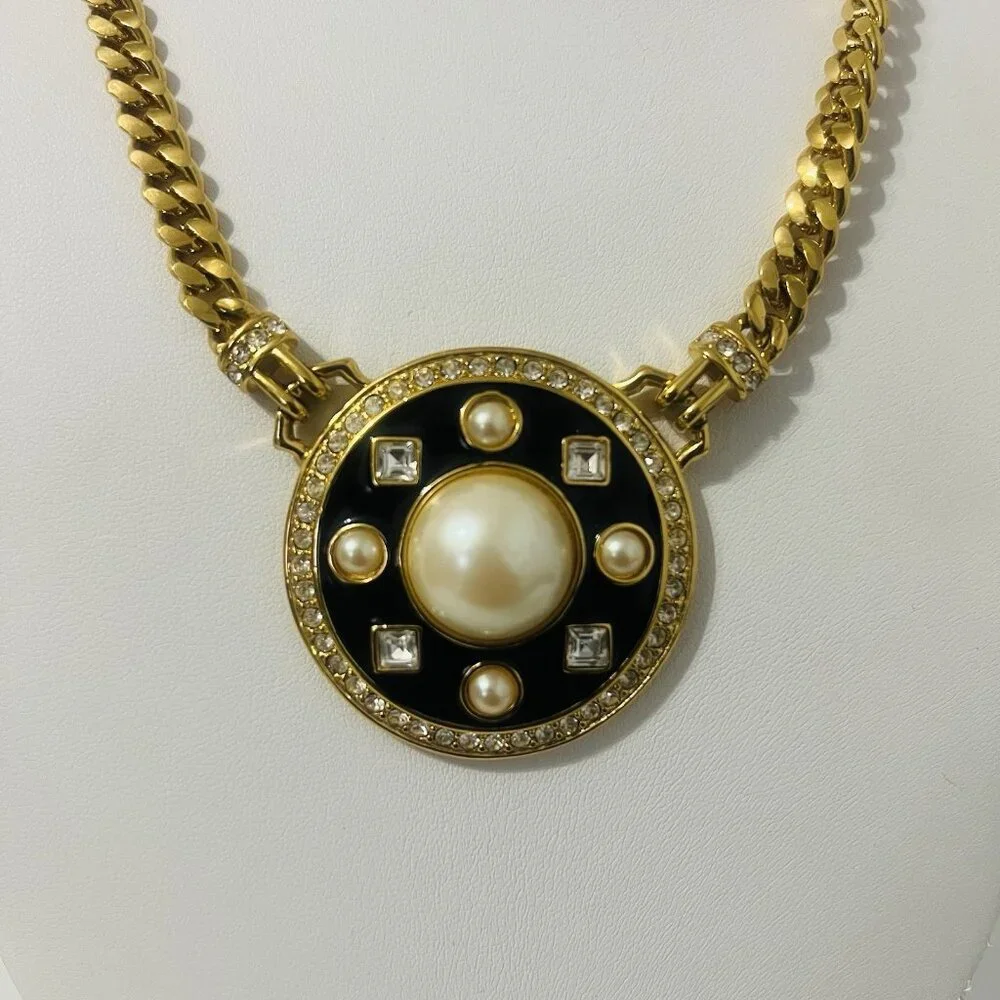 Vintage Monet Black Enamel Pearl Rhinestone Medallion Curb Chain Necklace
